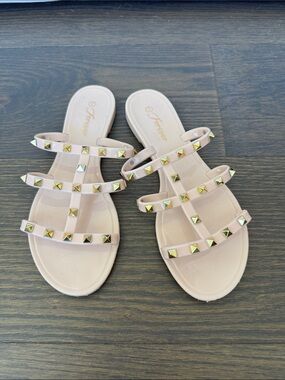 Forever Blush Pink Studded Triple-Strap Slide Sandals